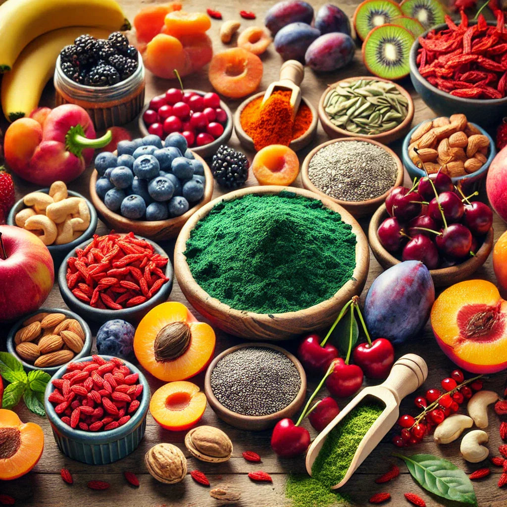 A collection of nutrient-rich foods like berries, leafy greens, nuts, and seeds known for their health benefits.